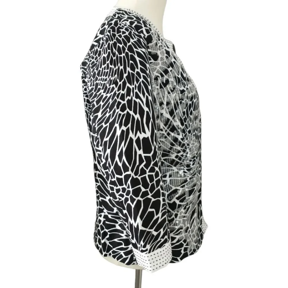 Chicos Floral Sequin Jacket S White Black Embellished 3/4 Sleeve Button‎ Front